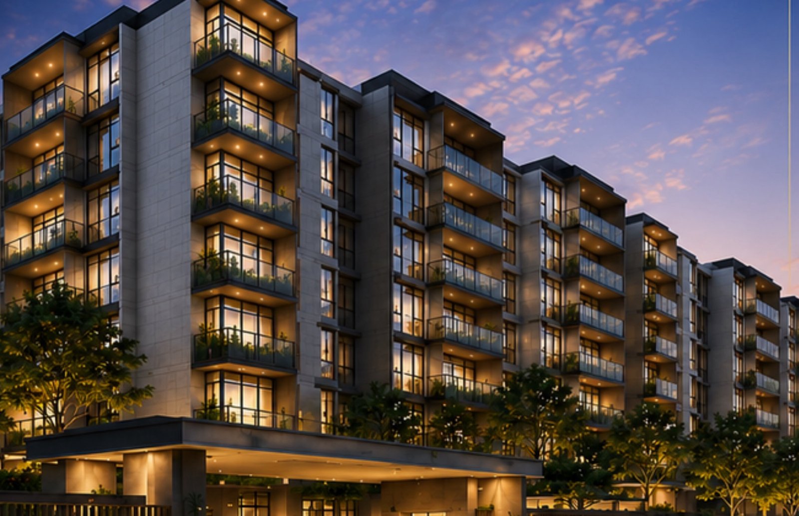 Amberwood at Holland — the six-storey blocks lit at dusk along Holland Link, AI-generated impression